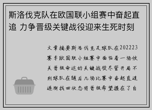 斯洛伐克队在欧国联小组赛中奋起直追 力争晋级关键战役迎来生死时刻