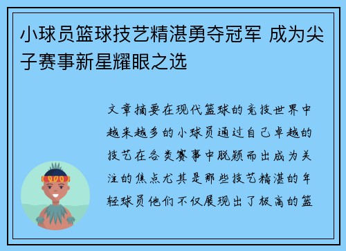 小球员篮球技艺精湛勇夺冠军 成为尖子赛事新星耀眼之选