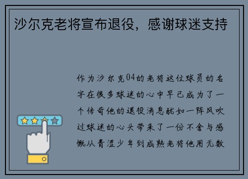 沙尔克老将宣布退役，感谢球迷支持